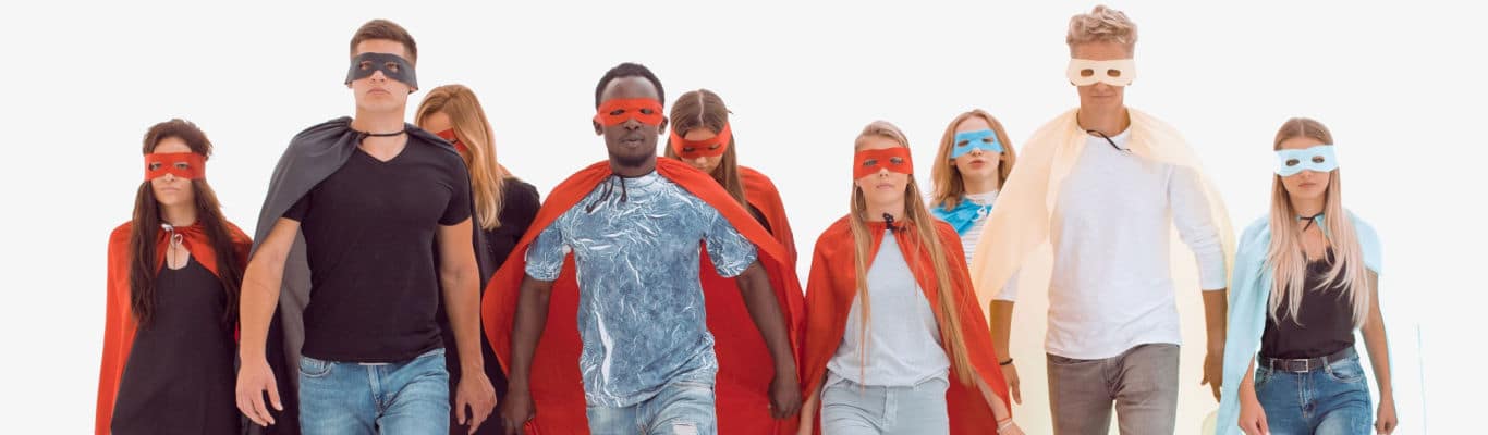 Paid clinical trial participants wearing a superhero costumes