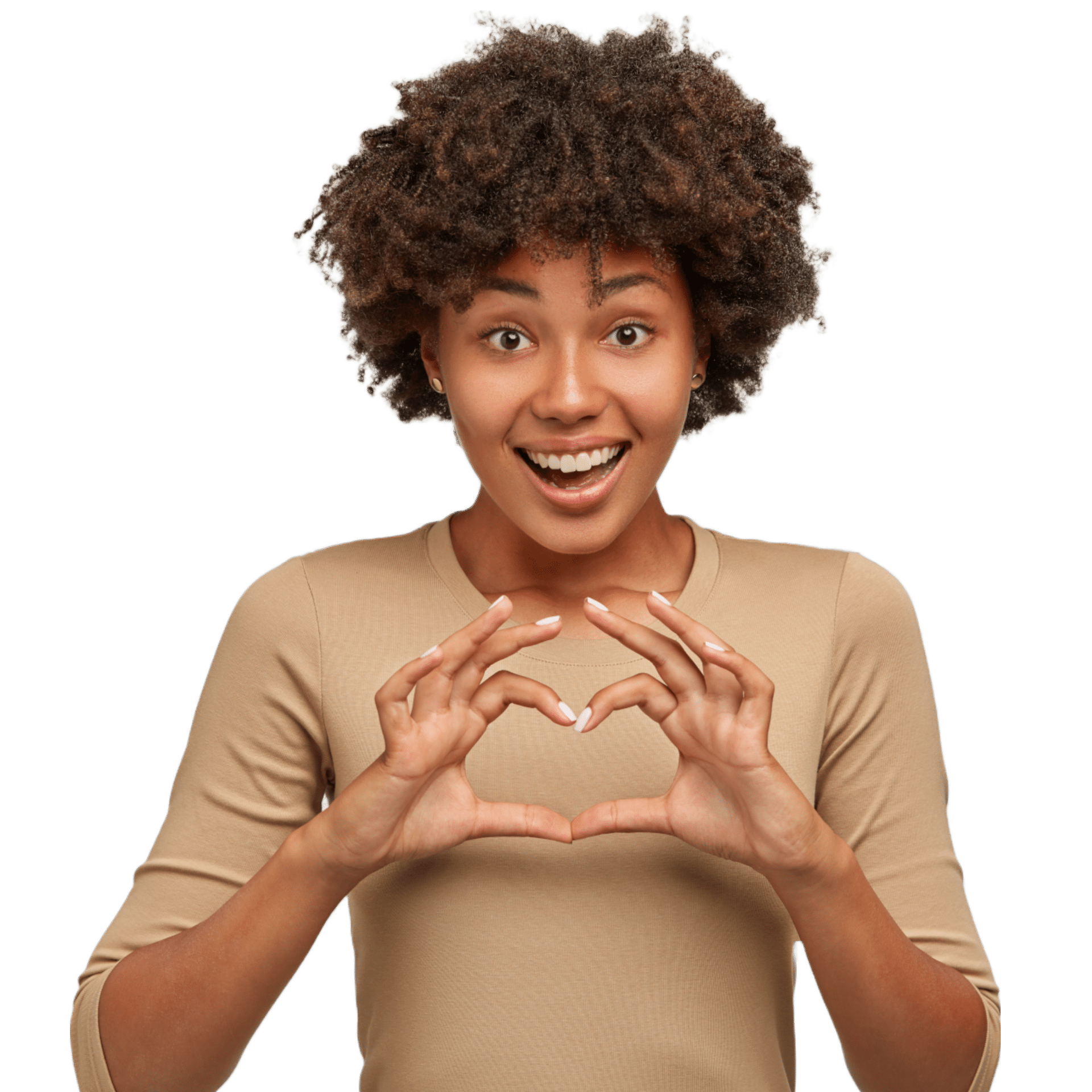 Female paid clinical trial participant making a heart sigh with her hands.