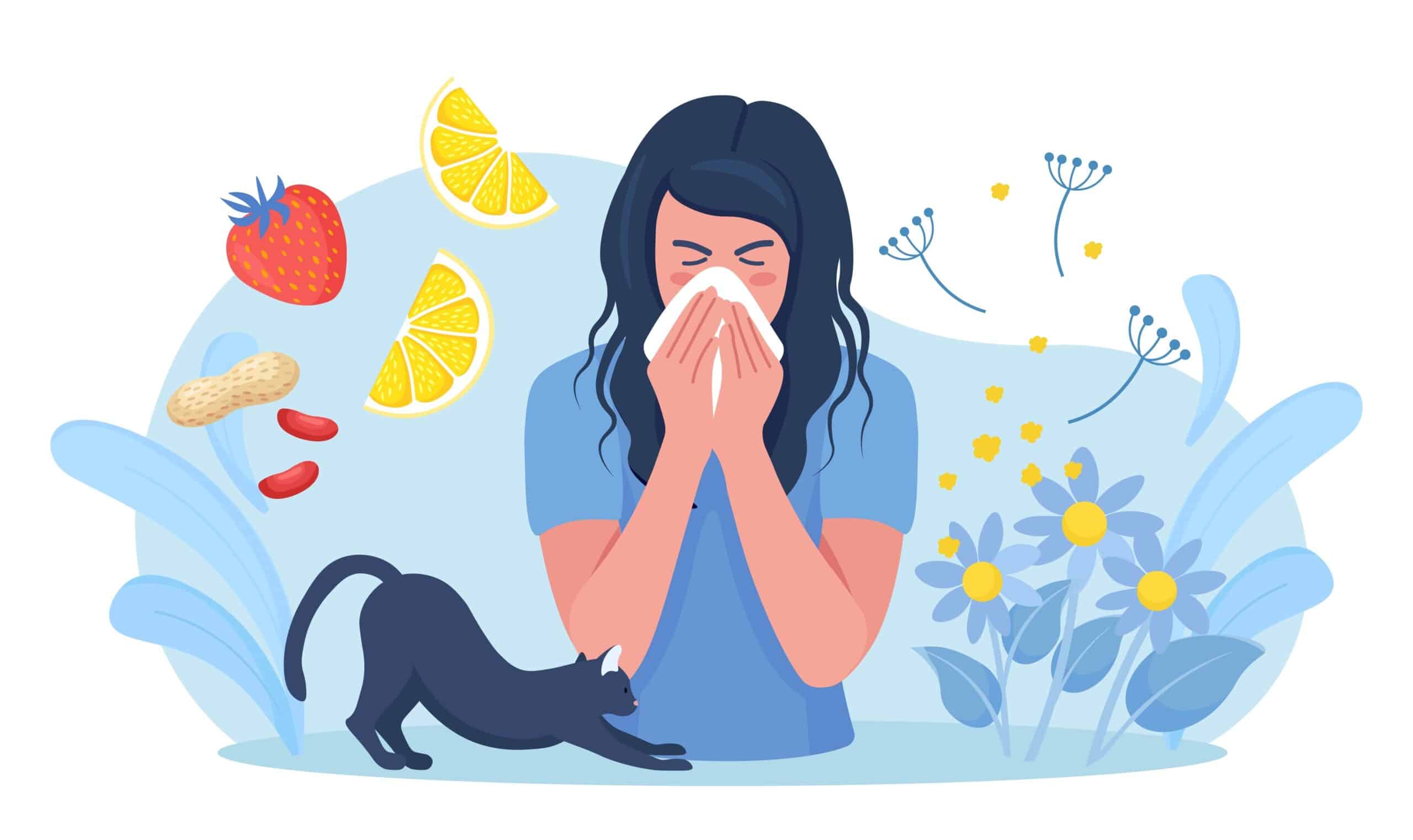 Illustration of a woman with cat allergy sneezing with her cat stretching beside her.
