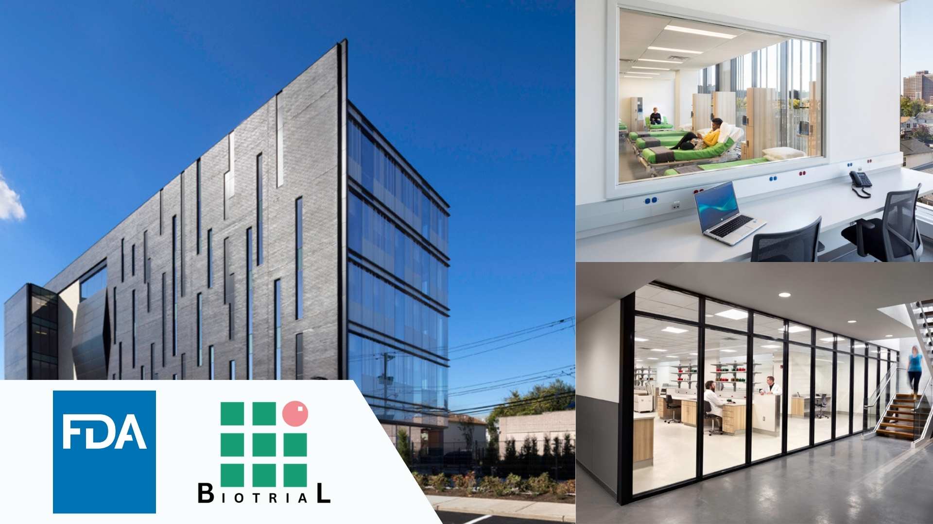 Mosaic of Biotrial facility images in Newark with FDA and Biotrial logo in the corner.